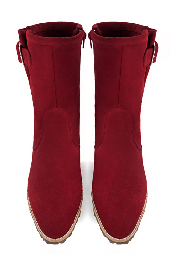 Burgundy red women's ankle boots with buckles on the sides. Round toe. Medium block heels. Top view - Florence KOOIJMAN